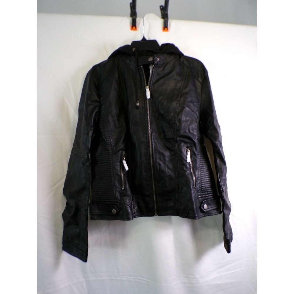LOCK & LOVE Women's Hooded Faux Leather Motorcycle Jacket WJJC1044 L